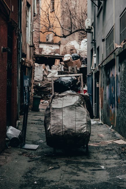 A narrow urban alleyway cluttered with piles of mixed waste, including cardboard boxes, black garbage bags, and discarded packaging stacked against a dilapidated wall in the background. On the left, a large, weathered wheelie bin or trolley, filled with rubbish, stands on a cracked, dirt-covered pavement. The right side features a building with gray metal security grilles over windows and graffitied walls, indicating an area often used for temporary waste storage before collection. Bare tree branches are visible above, with the scene illuminated by natural, diffused daylight, highlighting the gritty, neglected environment. This setting illustrates a typical location where independent rubbish removal services, like those offered by Rubbish Removal Lambeth, might operate to clear accumulated waste from densely built city areas where private disposal arrangements are necessary, especially in back alleys or communal spaces that do not benefit from official waste collection infrastructure.